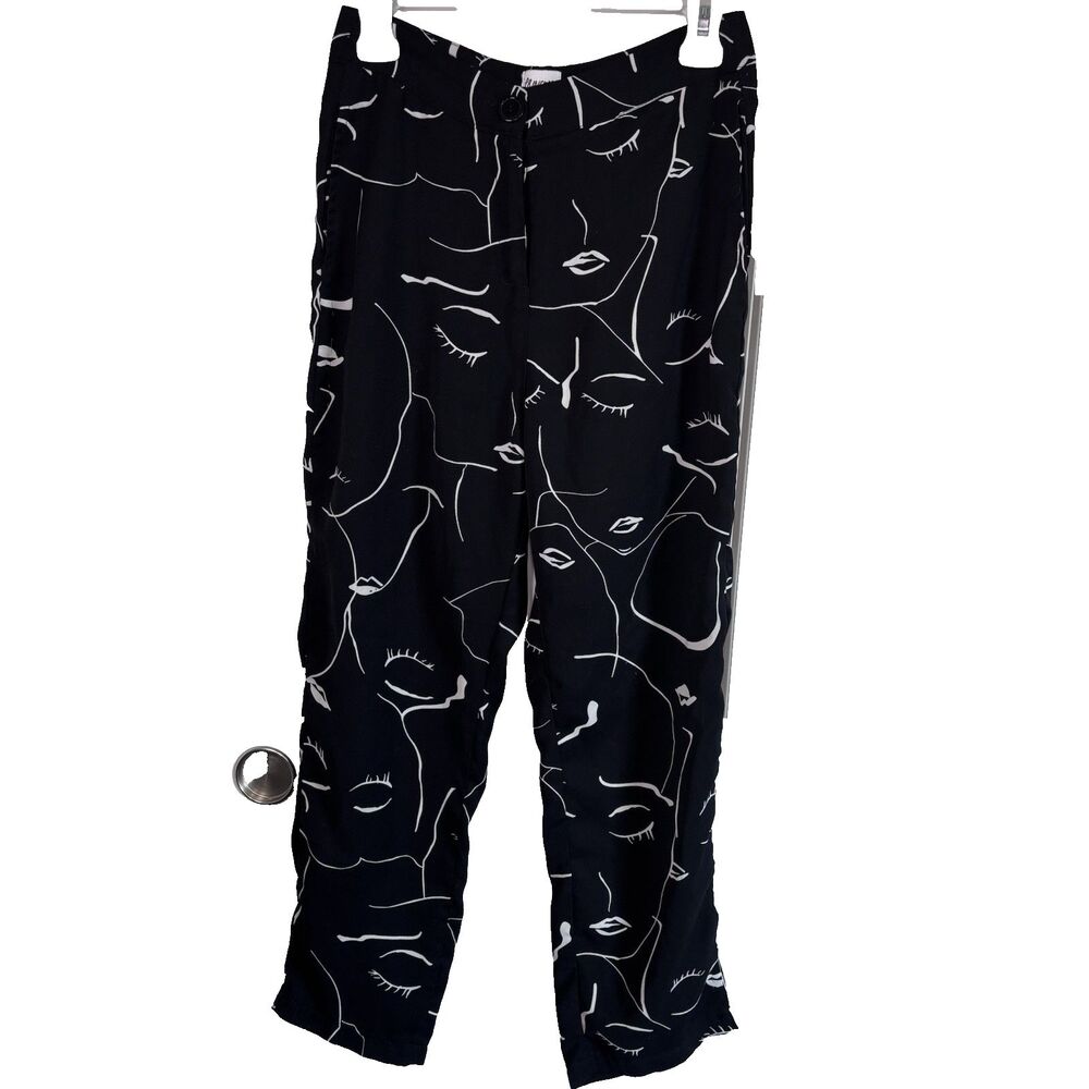 Princess Polly Women’s Size 4 Pants Straight Hi Rise Black w/ Faces Straight Leg
